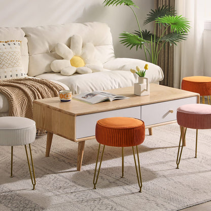 IBUYKE Velvet Round Footrest Stool Ottoman, Makeup Vanity Stool Side Table, Velvet Dressing Table Seat, Pouf Couch Stool, Golden Steel Legs, Orange LG-30J