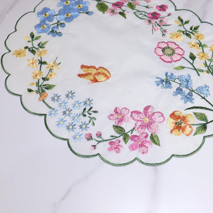 Spring Table Runner Embroidered Floral Scalloped 36 Inches Long Pink Flowers Easter Seasonal Cutout Summer Flowers Coffee Dinning Table Centerpieces