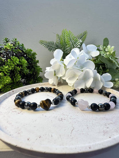 TUBIANCA Rose Quartz Bracelet – Heart Crystal with Hematite & Onyx for Love, Healing & Emotional Balance – Handmade Stretch Bracelet for Women & Men – Spiritual Gift for Inner Peace