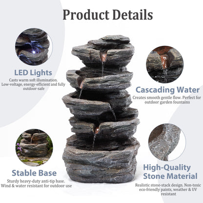 Anunweldo 19.7" Tall Outdoor Water Fountain, 5 Tier Cascading Bowls and Stacked Water Fountain with LED Lights, for Yard Décor, Backyard, Patio and Deck (19.7'')