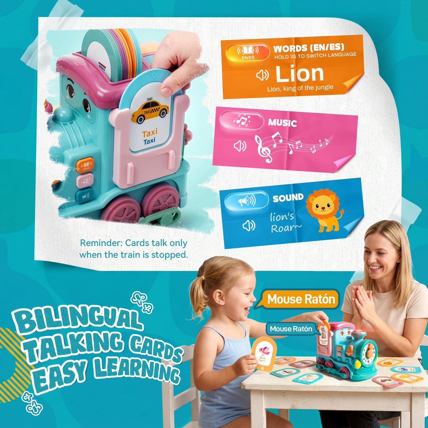 Gleesfun 1909B Musical Learning Train Toys, Toddlers Toys for 6-36 Months, Bump & Go 360° Rotation Electric Sensory Toy with English & Spanish Learning Cards, Educational Toys for Boys Girls Gift