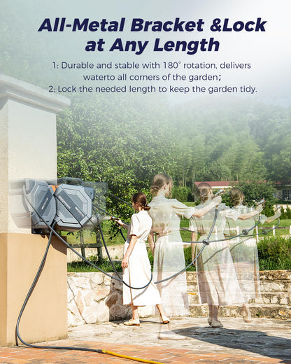 Retractable Garden Hose Reel, 5/8 in x100 ft Heavy Duty Wall Mount Water Hose Reel with Metal Bracket & 9-Pattern Metal Nozzle, Any Length Lock, Slow Retraction and 180° Swivel