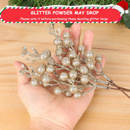 HOHOTIME 36Pcs Christmas Glitter Berries Stems, 9.5 Inch Artificial Christmas Tree Picks for Christmas Tree Decorations Ornaments DIY Crafts Vases Holiday Wedding Home Xmas Decor(Champagne)