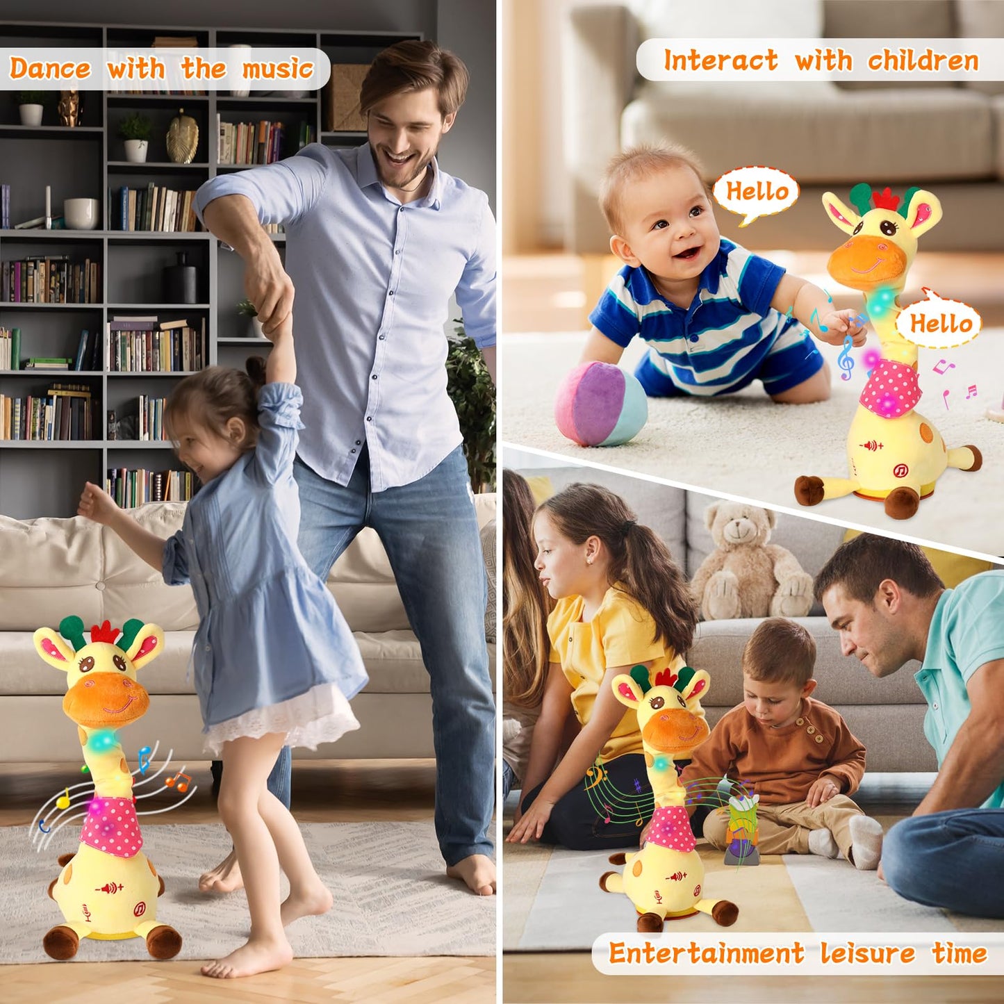 LUKETURE Dancing Talking Giraffe Toy Stuffed Plush, Cute Interactive Talking Giraffe Gift for Girls Boys Kids, Musical Baby Toys Singing 10 Children's Song Repeats What You Say