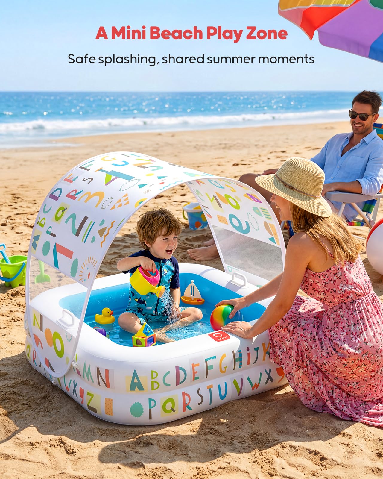 QPAU Baby Pool with Detachable Canopy for Sun Protection, 35" x 10" Portable Inflatable Kids Pool with Padded Bottom, Kiddie Pool & Ball Pit with Handles for Backyard and Indoor, Ages 1-3 (Blue)