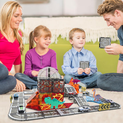 Magnetic Tiles Road Set with Pullback Car, Magnetic Blocks for Kids Ages 4-8, Magnet Tiles for Preschool STEM Building Toy, Autism Learning Sensory Montessori Toys Gift for Toddler Boys and Girls