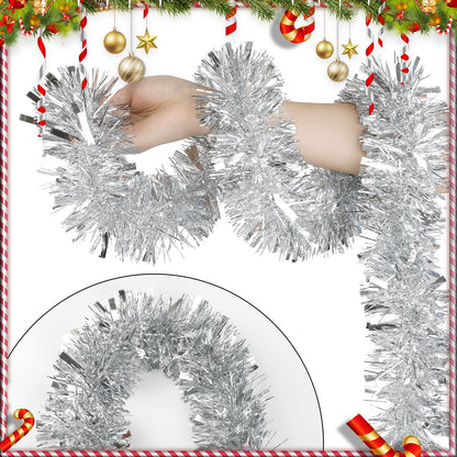DECORA 33 Feet Silver Tinsel Garland, Christmas Metallic Hanging Tinsel Garland for Xmas Tree Home and Party Decoration