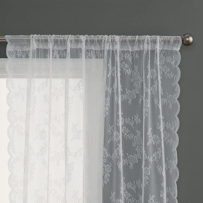 Beruyu White Lace Curtains 90 Inches Long - Floral Embroidered Lace Sheer Curtains for Living Room Bedroom Kitchen, Rod Pocket Window Voile Curtains with Curtain Tiebacks, 2 Panels (59" W X 90" L)