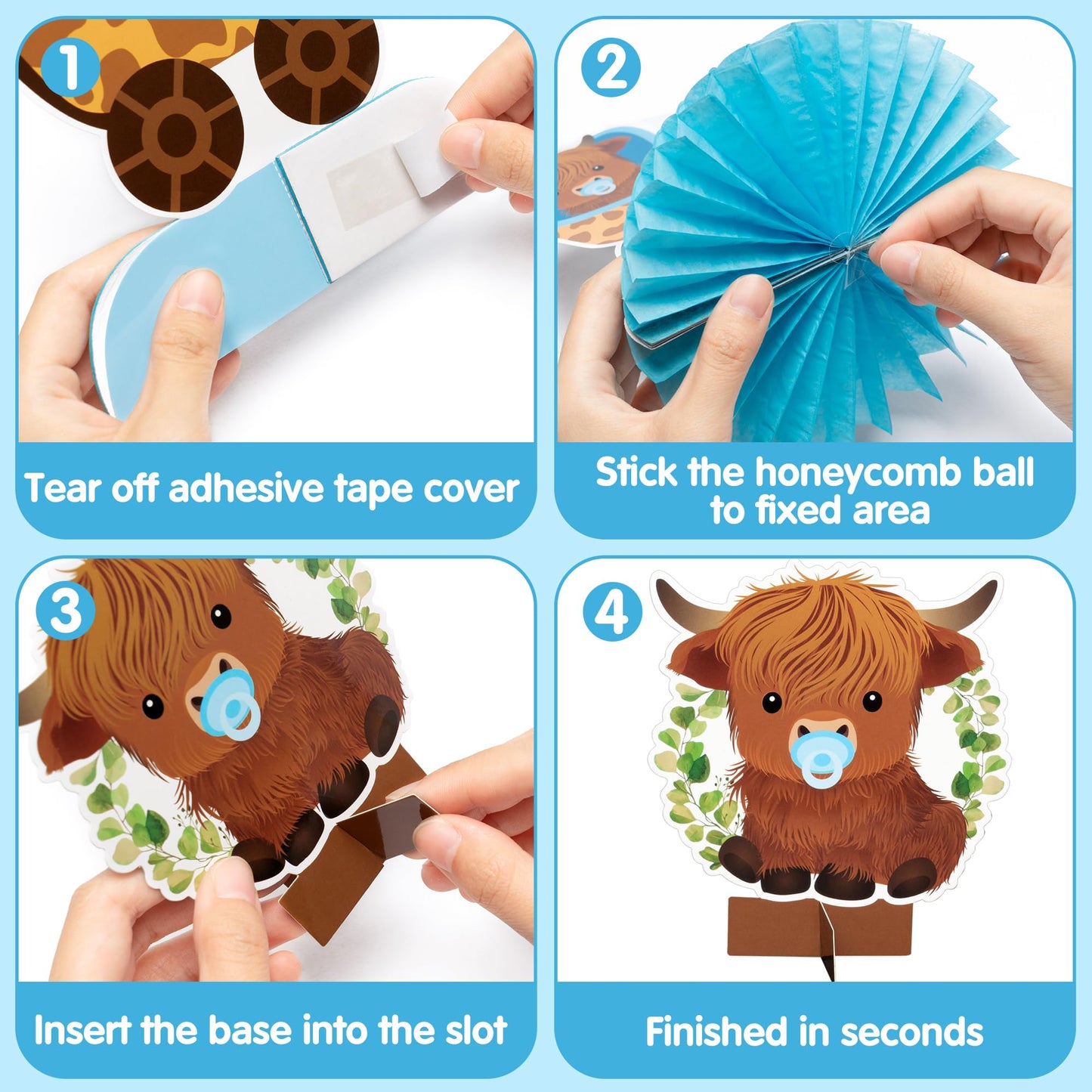 12Pcs Greenery Highland Cow Honeycomb Centerpieces Blue Highland Cattle Party Table Decoration It's a Boy Gender Reveal Cutout Welcome Baby Party Table Topper Photo Prop Decor