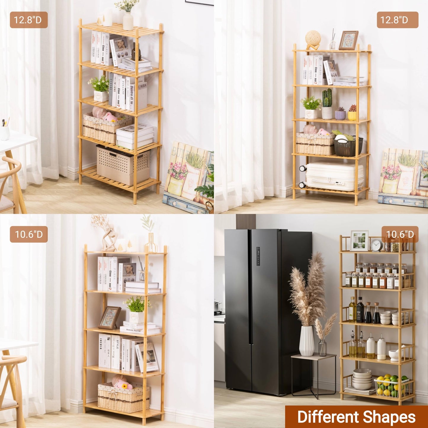 GOGOGO 3-Tier Expandable Bamboo Bookshelf - 150LBS Heavy-Duty, Tool-Free Assembly, Multifunctional Storage for Bathroom/Kitchen/Office Holder Plant Flower Stand (Natural, 3-Tier 12.8" D)