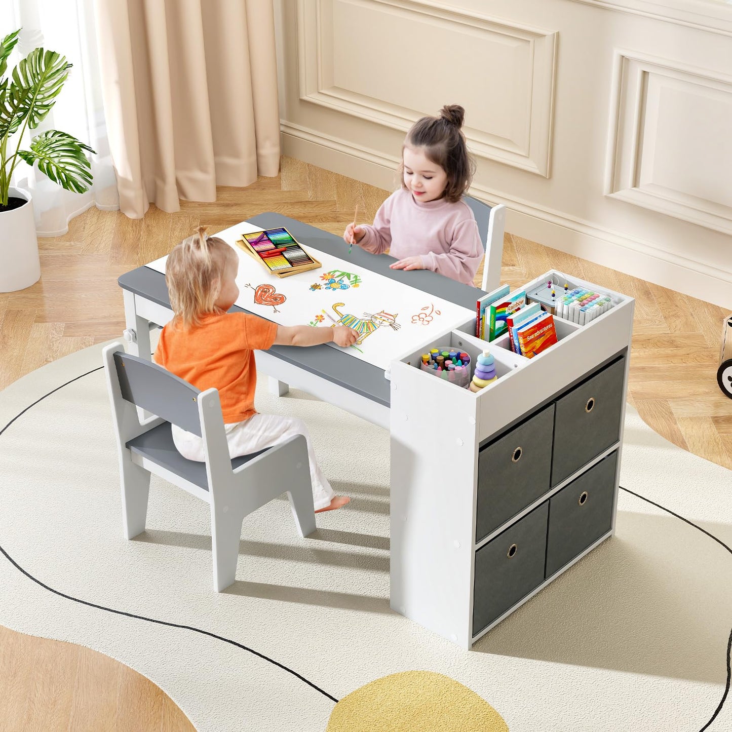 INFANS Kids Art Table and Chair Set, Toddler Craft Play Wood Activity Desk with Paper Roll 2 Chairs Storage Canvas Bins for Writing Drawing, Children Furniture for Daycare Nursery Boys Girls Ages 3+