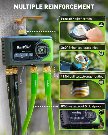 RAINPOINT WiFi Sprinkler Timer 4 Zone, Outdoor Smart Water Timer for Garden Hose with Brass Inlet&Outlet, Custom Programs via APP/Voice Control for Automatic Watering System