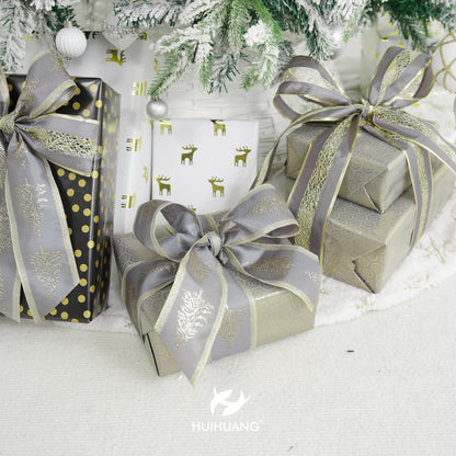 HUIHUANG Gray Satin Wired Christmas Ribbon with Champagne Glitter Trees, 2.5 Inch Wide x 10 Yards (30 Feet) for Christmas Decorations, Garlands, Wreaths, Bows Making, Crafts, Home Decor