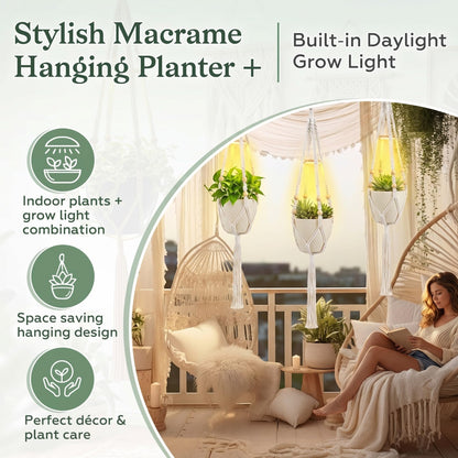 Huquary 3 Pack Macrame Plant Hanger with Grow Light Hanging Boho Planter Basket Flower Holder and Hanging Remote Grow Lights for Indoor Plants Suitable for Different Size Pots(White)