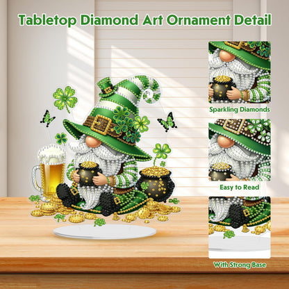 MEIYUDA St. Patrick's Day Diamond Art Tabletop Kits, Beer Gnome Diamond Art Painting Desktop Ornaments for Adult, DIY Special Shaped Crystal Desk Placement Ornament for Home Decor