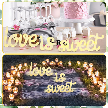 Glooglitter 3 Pcs Love Is Sweet Table Decor Wooden Love Is Sweet Sign LED Hollow Sign for Dessert Freestanding Letter Shelf Rustic Wedding Bridal Shower Engagement Bachelorette Party Decor(Beige)