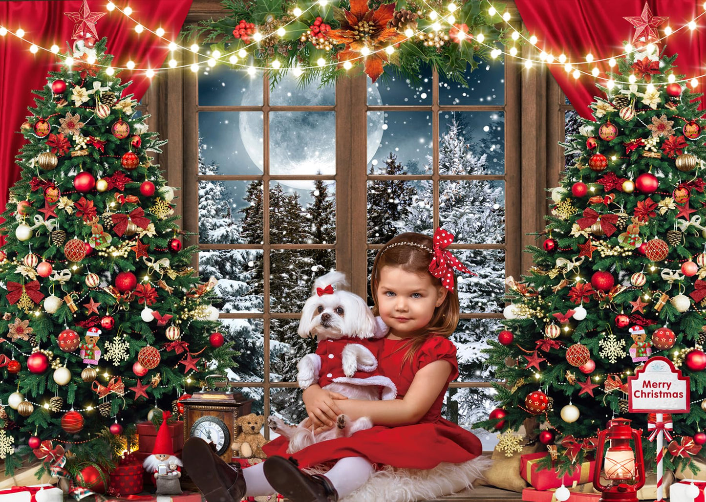 LTLYH 7x5ft Winter Christmas Photography Backdrop Xmas Rustic Wooden Window Full Moon Night Background Baby Kids Party Decorations Portrait Cake Table Banner Photo Studio Props