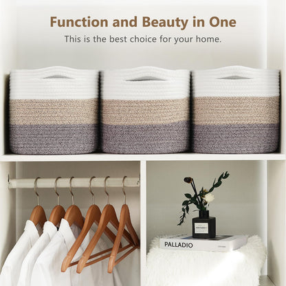 ECDYQXVU Cotton Rope Storage Basket, 15x10x9 Inches, Woven Basket for Shelves, Clothes, Towels, Books, and Laundry, White Brown (1 Pack)