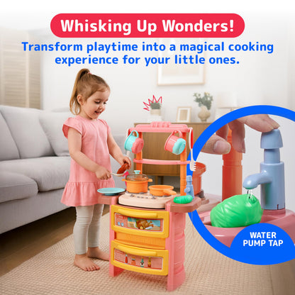 Prextex Plastic Pretend Girls Play Kitchen Set - Multi-Color Kitchen Playset with Dishwasher and Oven - Stove with Lights and Sounds - Working Faucet with Water Circulation