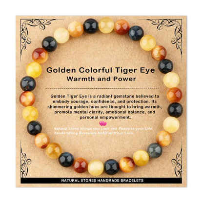 AD Beads 6mm Handmade Golden Colorful Tiger Eye Elastic Bracelet – Natural Gemstone for Warmth and power – Meditation, Yoga, Healing and Energy Gift for Men Women
