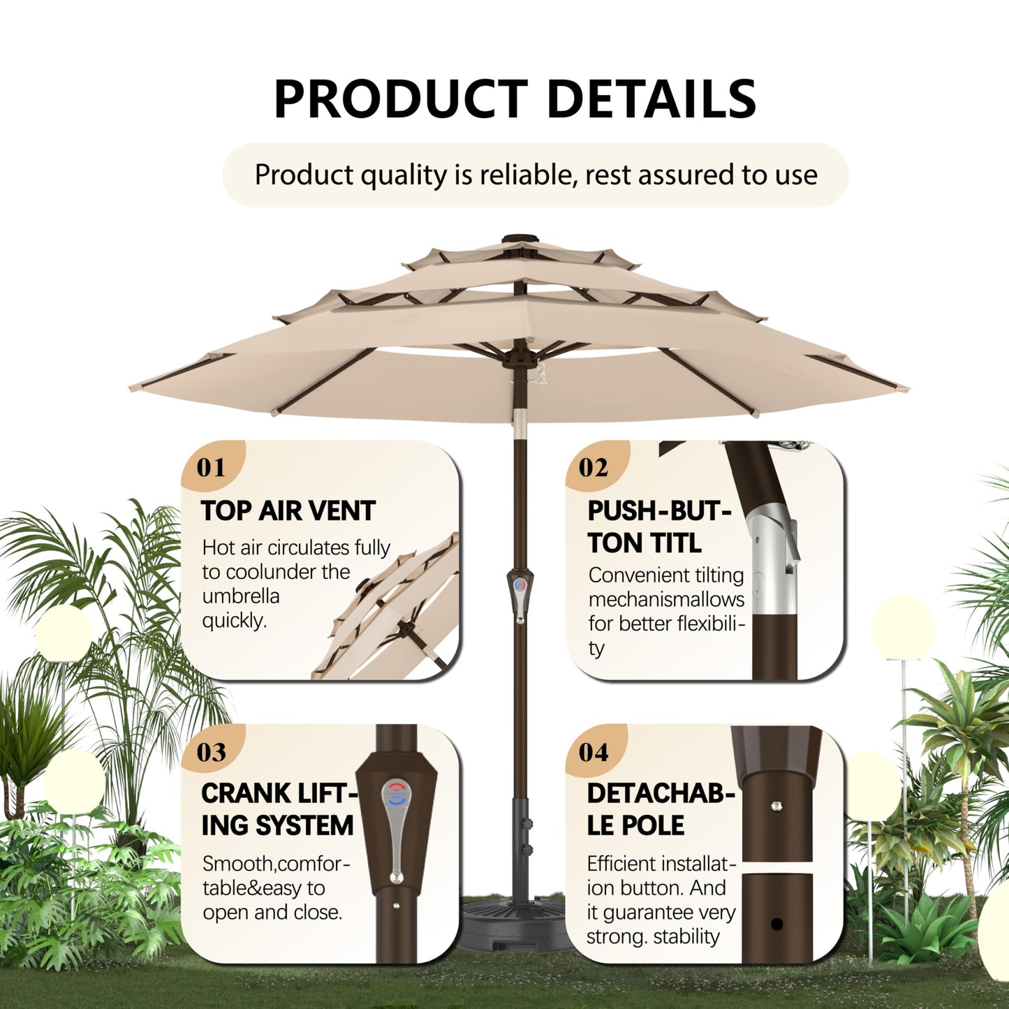 Ayge 9FT 3-Tier Large Outdoor Patio Umbrella Market Table Umbrella-UV Resistant,Easy Push Button Tilt and Crank,8 Sturdy Fiberglass Ribs Heavy-Duty Pool Umbrella for Deck,Backyard,Garden,Yard,Beige