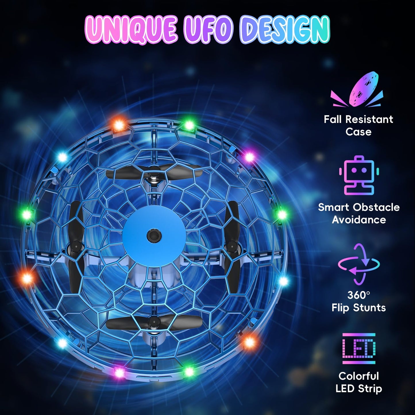 TSM005 Mini Drone for Kids,Hand Operated UFO Toy with LED, Easy Indoor Outdoor Flying Toys,Flying Orb Ball UFO Drone for Kids 6-8-12,Cool Christmas Birthday Gifts for Boys Girls(Blue and Purple)