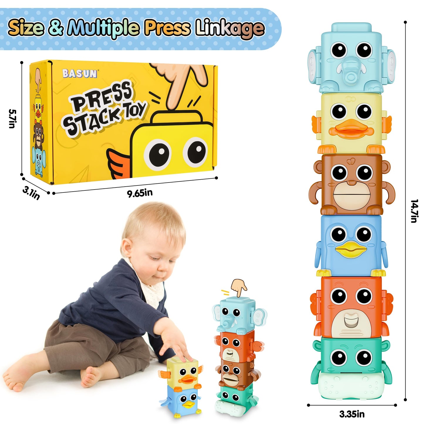 BASUN Stacking Toys Set for Toddlers 18+ Months, 6 in 1 Infant Sensory Toys with Changing Expressions, Pressable Animal Stacking Blocks, Christmas Birthday Gifts for 1 2 3 4 Years Old Baby Boys Girls