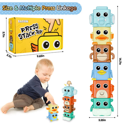 BASUN Stacking Toys Set for Toddlers 18+ Months, 6 in 1 Infant Sensory Toys with Changing Expressions, Pressable Animal Stacking Blocks, Christmas Birthday Gifts for 1 2 3 4 Years Old Baby Boys Girls