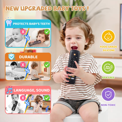 Baby TV Remote Toy - Realistic Play Remote toy with Lights and Sounds, 3 Languages (English, Spanish & French), Learning Musical Toys, Preschool Infant Boys Girls Toys Gift for 1 2 Year Old, Black.