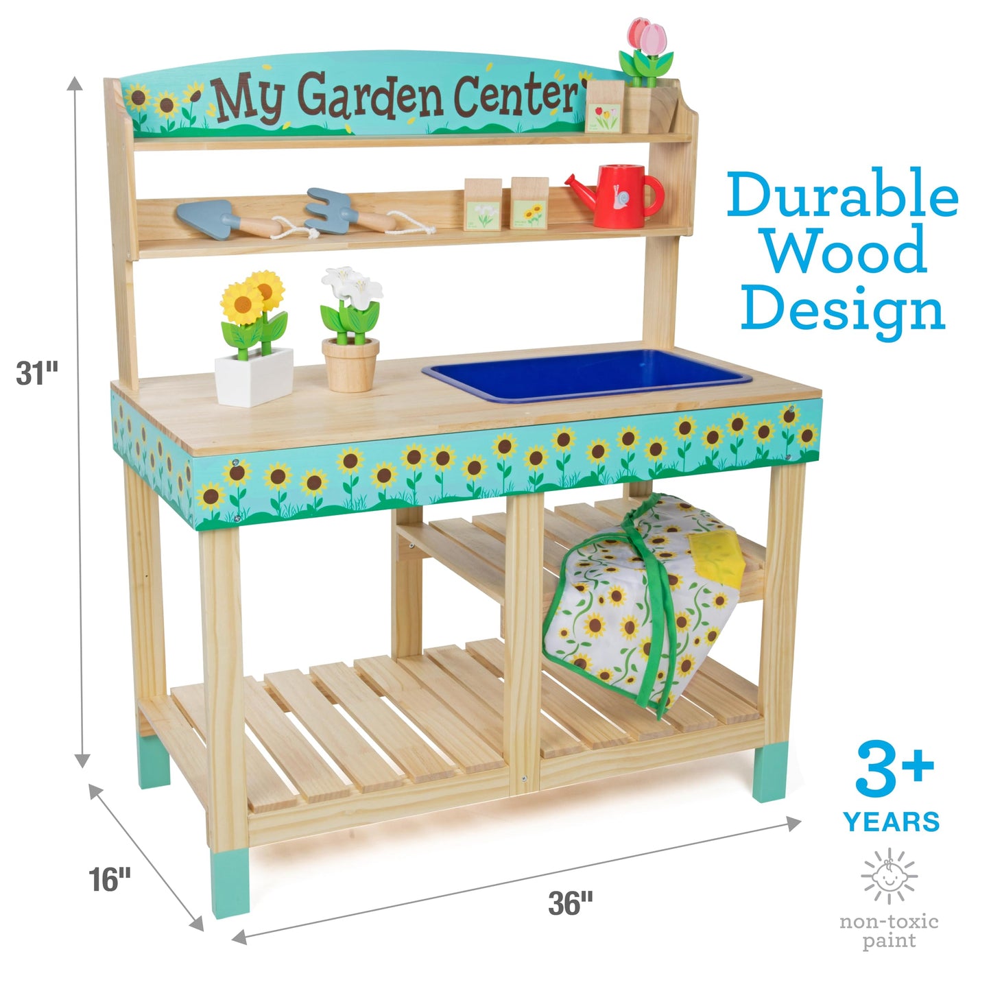 Bloom & Grow Gardening Center Wooden Toy Indoor Playset- 22 Pc Garden Stand Set w Flowers, Seed Packet, Pots Shovel Rake Apron Watering Pot- Interactive Fun Pretend Playtime Activity, Kids Summer Gift