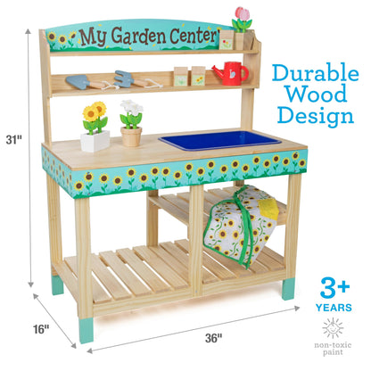 Bloom & Grow Gardening Center Wooden Toy Indoor Playset- 22 Pc Garden Stand Set w Flowers, Seed Packet, Pots Shovel Rake Apron Watering Pot- Interactive Fun Pretend Playtime Activity, Kids Summer Gift