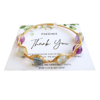 Handmade Genuine Rainbow Fluorite Stones 14k Gold Filled Wire Wrapped Bracelet, Evil Eye Birthstone Chakra Soothing Crystal Beads Adjustable Bangle Cuff Jewelry Gift for Women
