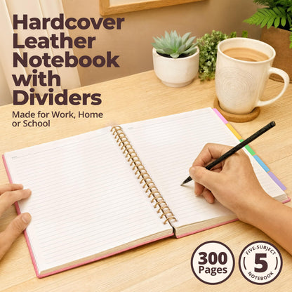Hardcover Leather Lined Spiral Notebook 8x10" with Removable Dividers - Pink - 300 Pages 5 Subject College Ruled Notebook for Work with Tabs, Pockets, and Pen Loop for Note Taking, Large Journal