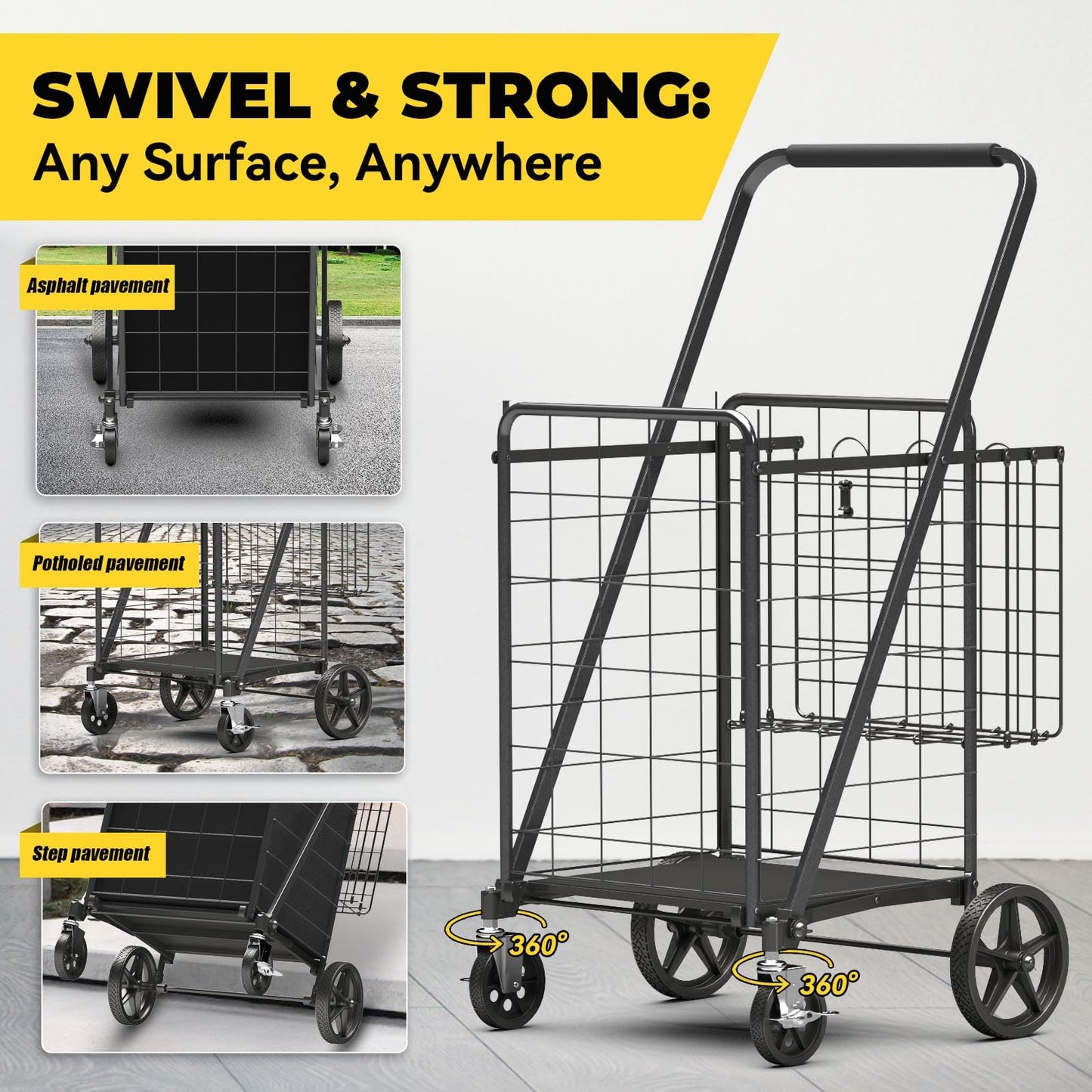 XING LANG 4.5 Cu Ft Folding Shopping Cart - 420 LB Capacity Grocery Cart with 360° Braked Swivel Wheels - Heavy Duty Utility Cart with Double Basket & Removable Waterproof Liner with Lid for Laundry