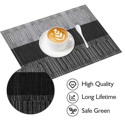Niviy Black Placemats Set of 4, 12x18 Inch Washable Easy to Clean Heat-Resistant Anti-Skid Indoor Outdoor Table Mats for Holiday Party Kitchen Dining Room Decoration