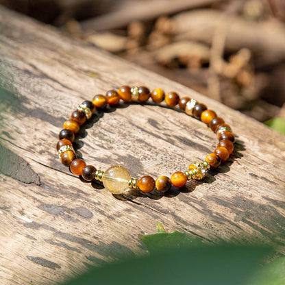 Magiriam Tiger Eye & Citrine Crystal Bead Bracelet for Women Men, Chakra Crystal Energy Bracelet with Gold Zircon Charms Protection & Confidence Lucky Amulet, Elastic Jewelry Gift for 6.3"-7.1" Wrist