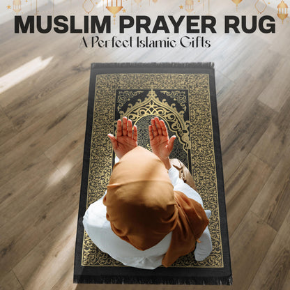 SUMELA Muslim Prayer Rug with Islam Prayer Beads - Travel Prayer Mat, Islamic Gifts for Women, Portable Prayer Matt Islam, Islamic Prayer Rug Islam Men Women, Praying Mat for Muslim Gifts, Black