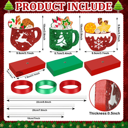 3 Pieces Christmas Table Decorations Wooden Coffee Cup Set, Red and Green Christmas Tiered Tray Decor for Home Office Kitchen Tables (Coffee Cup)