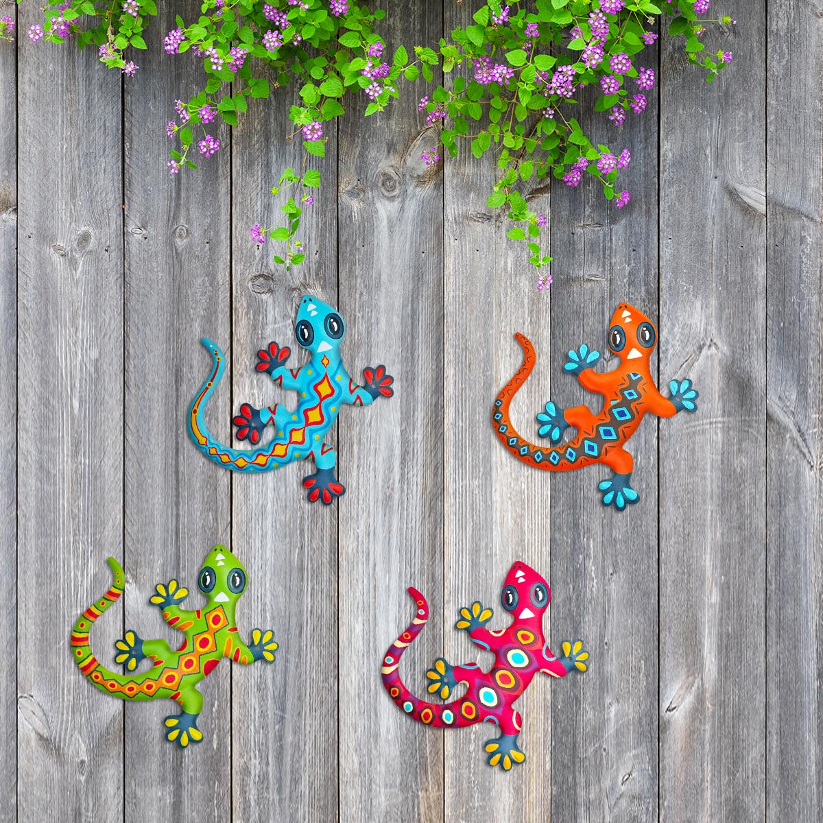 Kggetr Metal Gecko Wall Art Decor- Outdoor Lizards Hanging Decoration for Garden Yard Fence Patio Balcony(4 Pack)