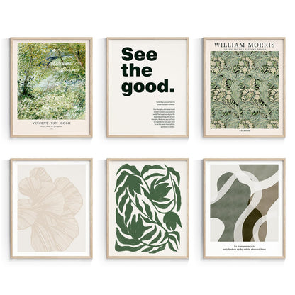 Habseligkeit Green Wall Art Prints, Retro Wall Decors for Room Aesthtic, Abstract Posters for Bedroom Decor Aesthetic Unframed, 8X10in, Set of 6