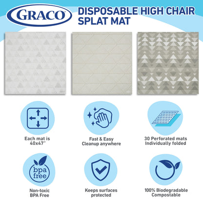 Graco Baby Disposable Splat Mats, 30 Sheets with Assorted Designs, 47" x 40", Eco-Friendly Floor Protector for Mealtime, Home & Restaurant Use