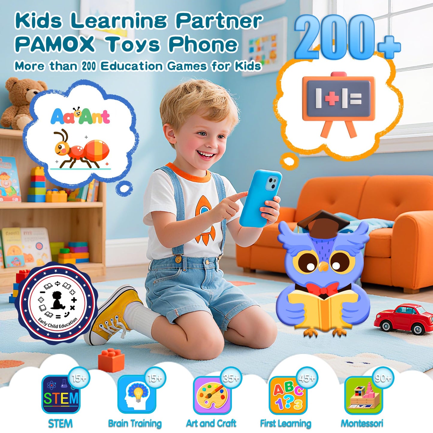 PAMOX Kids Toy Phones with Dual Camera, Learning Toys Phones Gifts for Kid 3-12 with 200+ Educational Puzzle Games, 4" Touchscreen Rechargeable Blue Child Smartphones with Parental Control