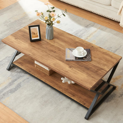 HOMISSUE Coffee Table, Rustic Rectangle Coffee Table with 2-Tier Storage, Engineered Wood Center Table with Open Shelves, Minimalist Coffee Table for Living Room, 47 Inch, Oak Brown