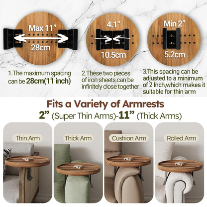 Semjar Acacia Wood Couch Arm Tray Table,Anti-Slip Adjustable Round Sofa Arm Tray,Wooden Armrest Caddy Table for Couches,Arm Chair Companion for Drinks Cellphone TV Remote Snacks