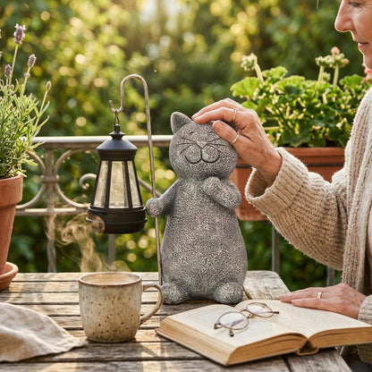 Qeeman Solar Cat Garden Statue: Weatherproof Resin Figurine with Warm Glow Lantern - Outdoor Decor for Yard Pathway Patio Porch Balcony - Gifts for Mom Grandma Cat Lovers