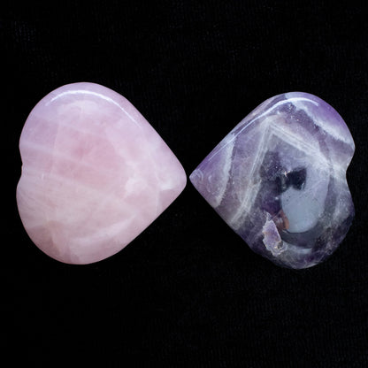 Crocon 2 pcs 50mm Crystal Heart Amethyst & Rose Quartz, (Set of 2) Healing Stone for Heart Chakra Crystal Heart Shape Love Heart Crystal Gift Pocket Stone Reiki Meditation Gift for him her