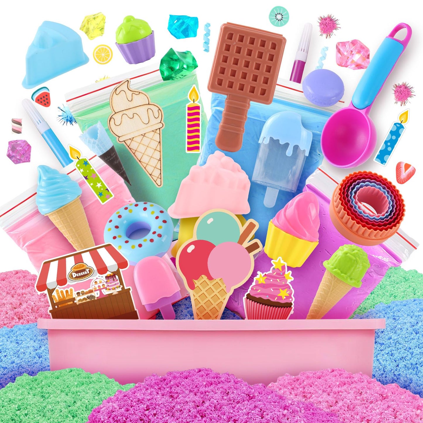 Golray Ice Cream Sensory Bin for Girls, Play Sand Art Kit with Sandbox, 2lb Magic Sand, Cake & Waffle Molds, Pretend Play Desserts Toys, Sensory Toy Set Gifts for Girl Toddlers Ages 3 4 5 6 7 8