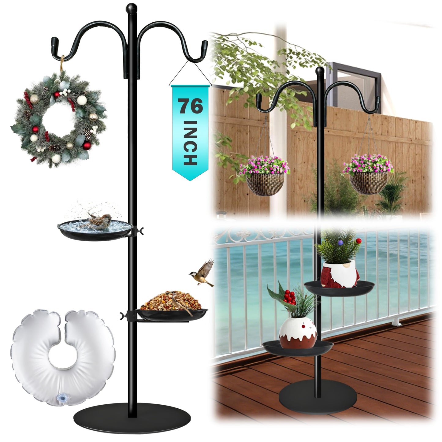 76" Thicken Shepherds Hooks for Outdoor - Dual Shepherd Hooks for Hummingbirds Feeder with 2 Stands, Bird Feeder Pole with a Flat Base for Deck, Plant Stand Indoor, Wreath and Wind Chimes Hanger