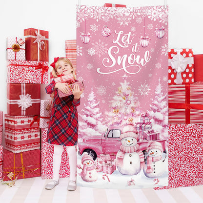 MEHOFOND 35x71inch Let it Snow Christmas Door Cover, Winter Pink Snowman Front Door Decoration, Winter Wonderland Snowman Backdrop Holiday Christmas Birthday Baby Shower Party Decor Photo Booth Props