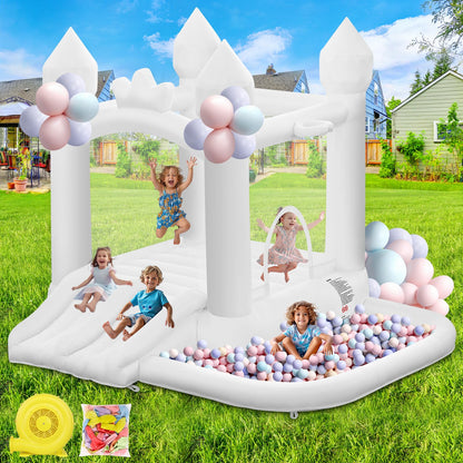 FINCOME White Bounce House, Inflatable Bounce Castle with Double Slide Ball Pit 370W Blower Bouncer for Toddler, Bounce House Bouncy Castle for Indoor Outdoor Backyard Wedding Kids Birthday Party